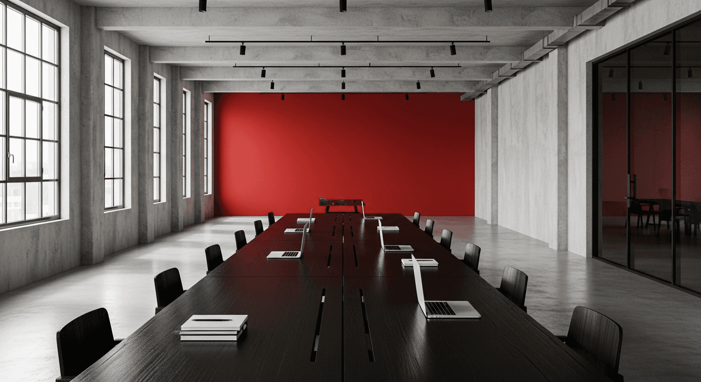 Photo-realistic wide-angle shot of a minimalist modern office interior: long black wooden table, a single bold red accent wall at the far end, industrial concrete floor, soft daylight from tall windows, a few laptops and notebooks on the table, nobody in frame, editorial architecture photography, 24mm, clean lines