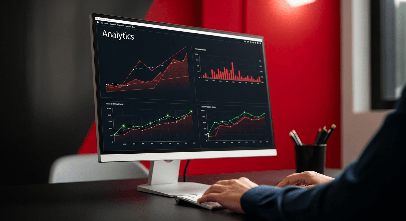 Photo-realistic shot of a second monitor on a sleek black desk displaying dark analytics charts with red data lines, founder's hands on the keyboard, one red accent wall blurred in background, editorial tech workspace photo, 35mm