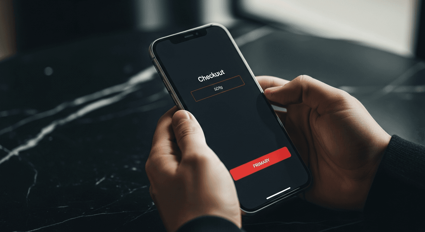 Photo-realistic close-up of a smartphone held in two hands, screen showing a minimal dark checkout flow with a single red primary button, black marble table, moody editorial lighting, product photography, 50mm lens
