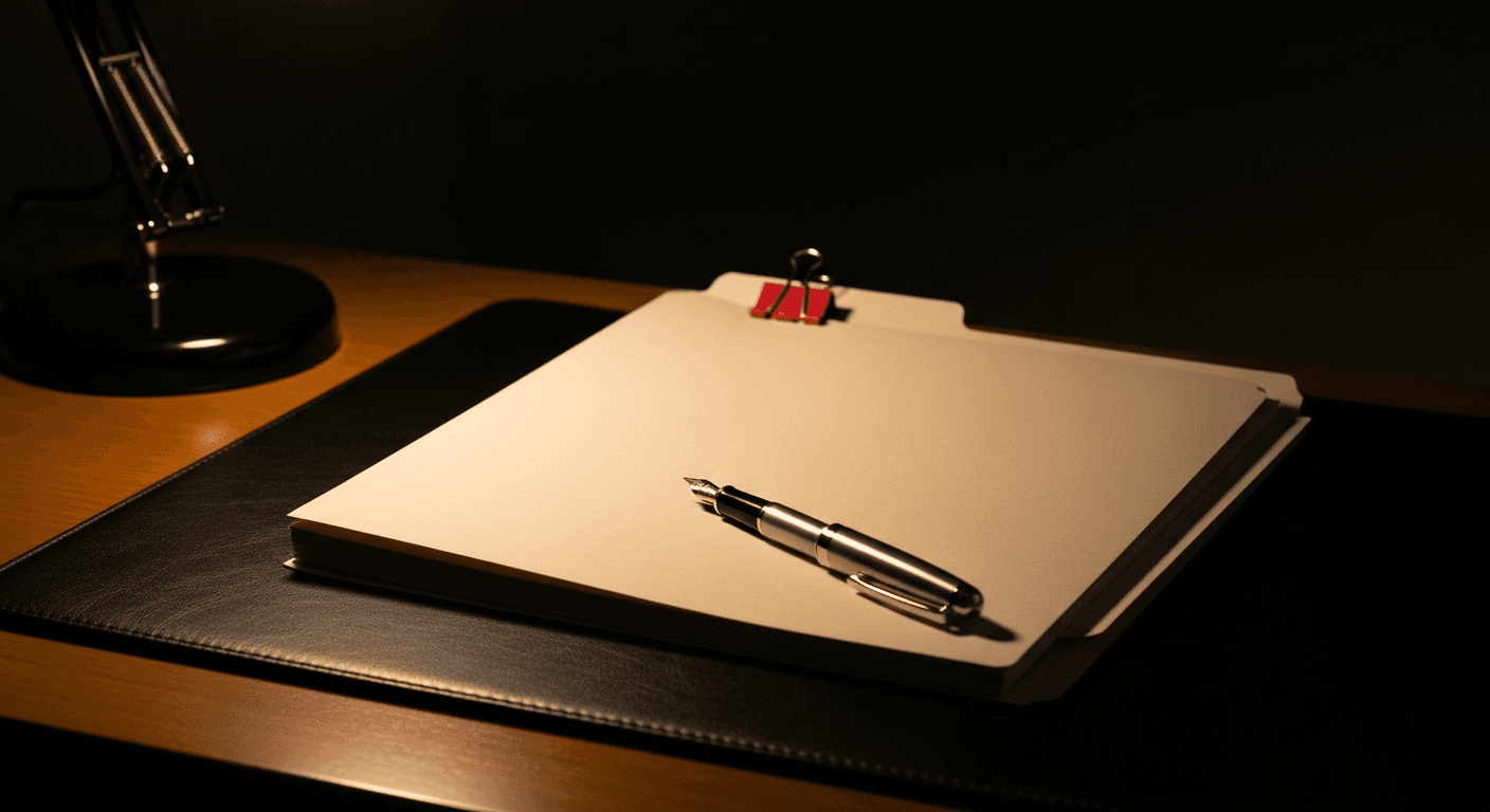 Photo-realistic still life of a legal folder and fountain pen on a black leather desk pad, a single red paper clip as accent, warm desk lamp lighting, editorial office photography, 50mm