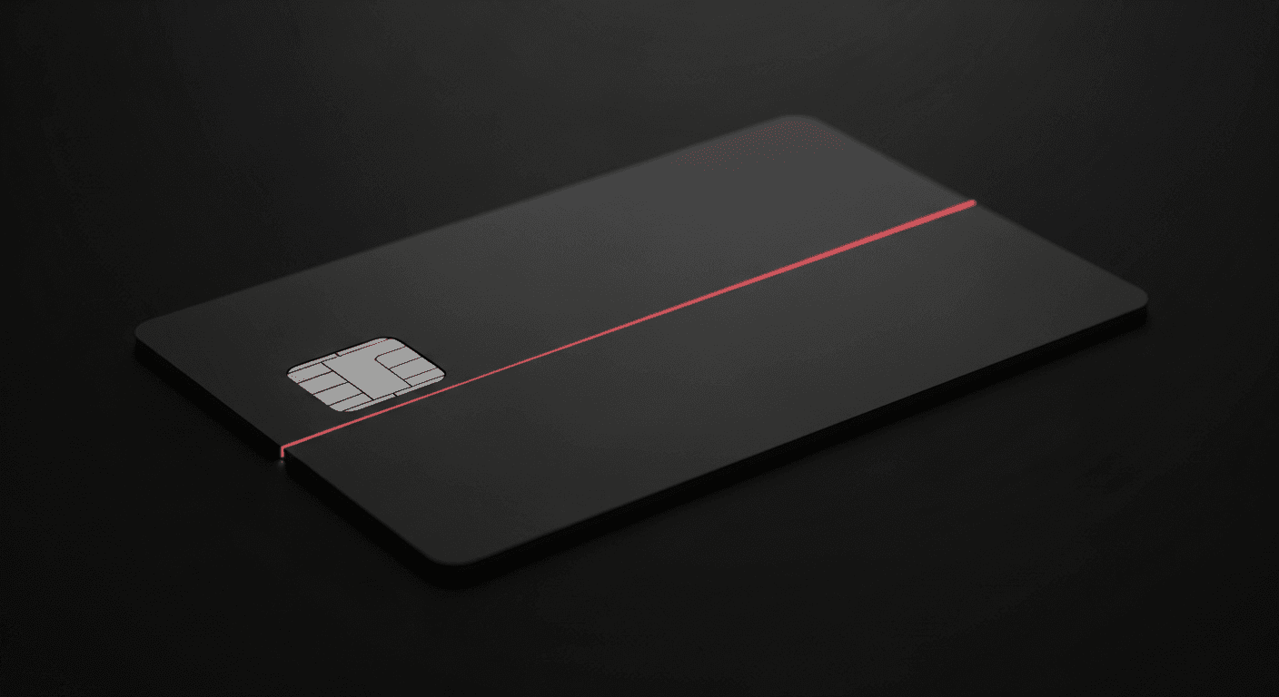 Photo-realistic macro shot of a black credit card resting on a black surface with a single red light beam scanning across it, cinematic low-key lighting, technology editorial photography, 100mm macro