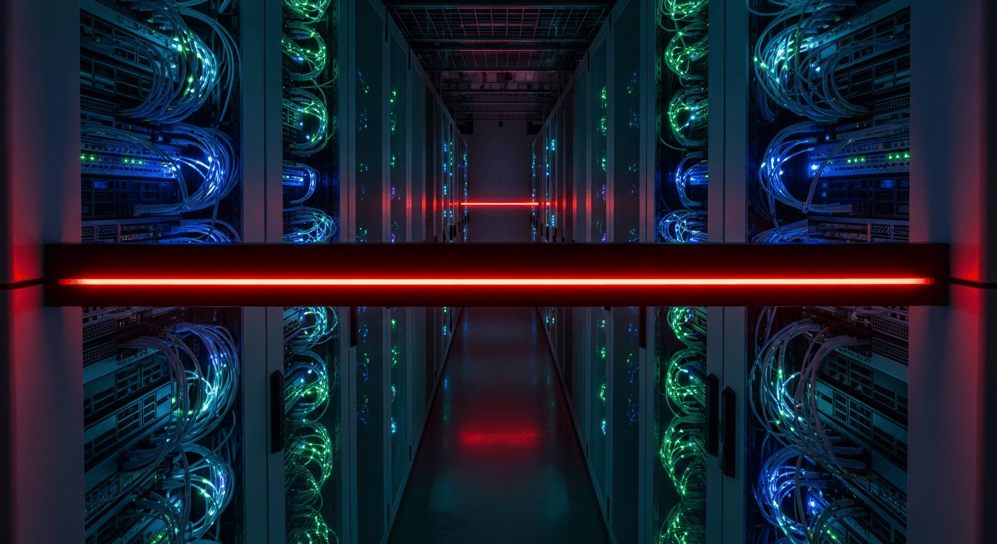 Photo-realistic overhead shot of a server rack rack in a dim data center with a single red LED accent line running across the fiber cables, dramatic low-key lighting, editorial technology photography, 35mm
