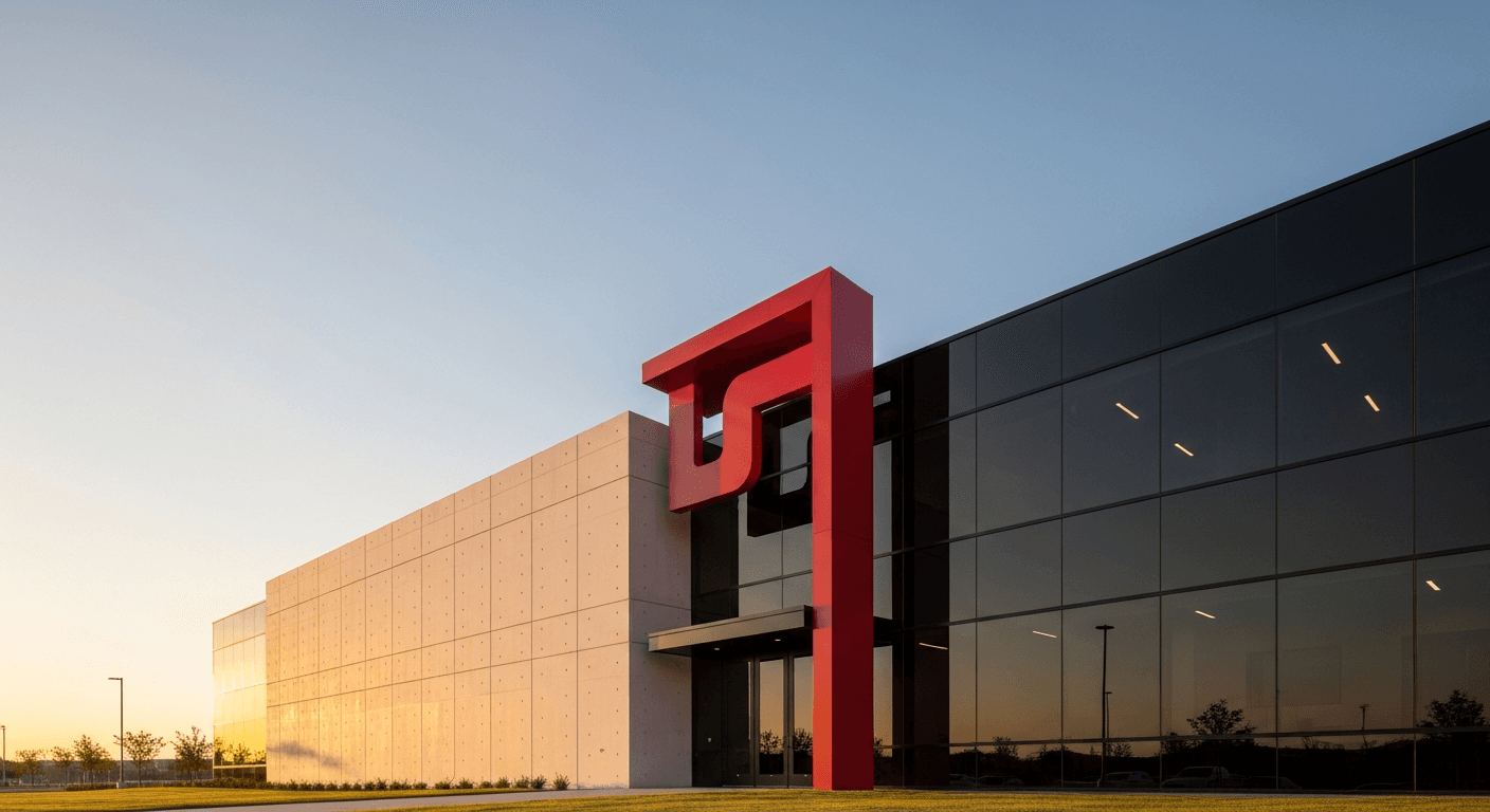 Photo-realistic exterior architecture shot of a modern minimalist office building at golden hour: clean concrete and dark glass facade, a single large red signage accent above the entrance, clear sky, contemporary American suburban business park, editorial architecture photography, 35mm wide, no people