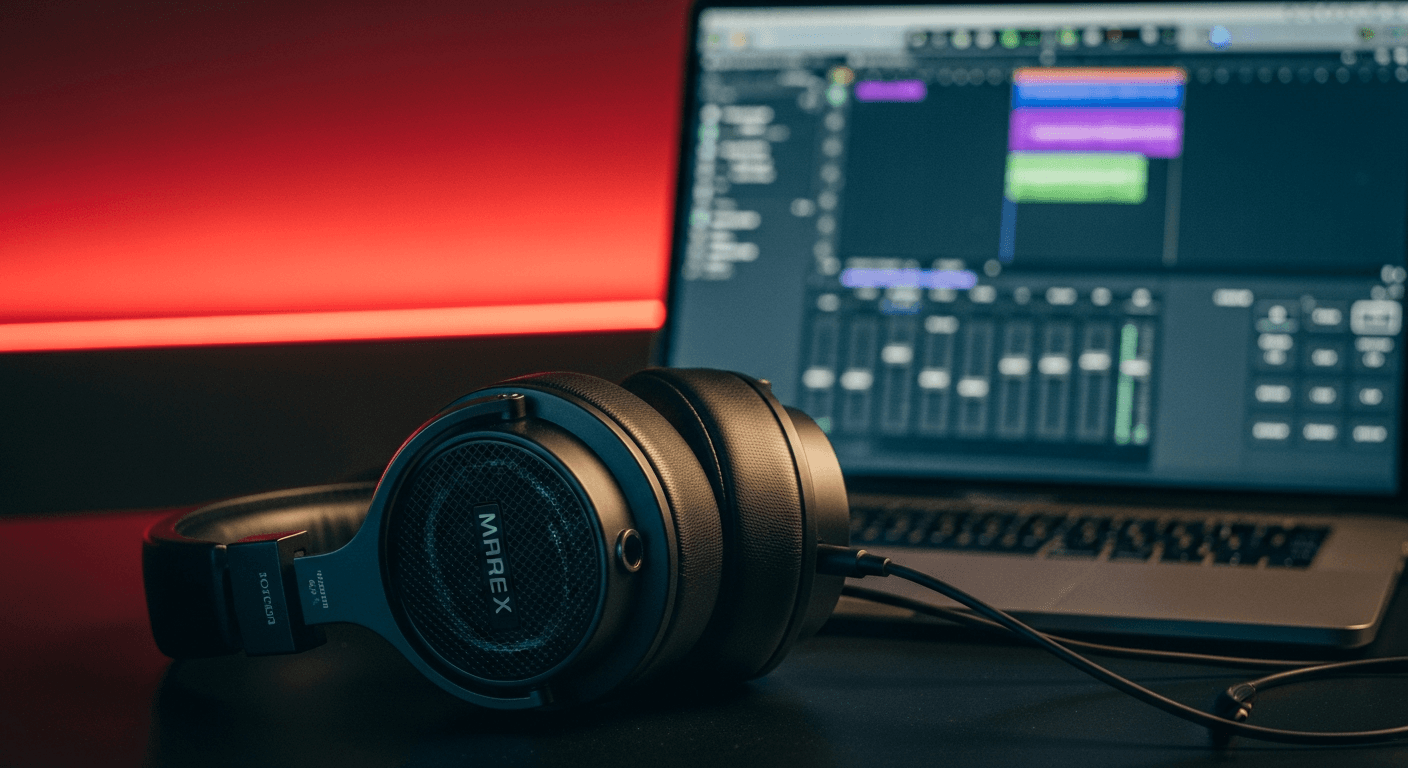 Photo-realistic close-up of headphones and a laptop playing a dark music studio interface on a black desk, a single red strip light accent, moody editorial tech photography, 35mm