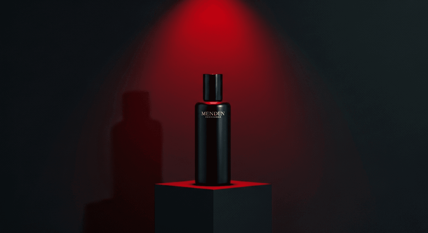 Photo-realistic studio shot of a stylish product on a minimalist black pedestal with a single red spotlight from above, dark moody background, product editorial photography, 50mm