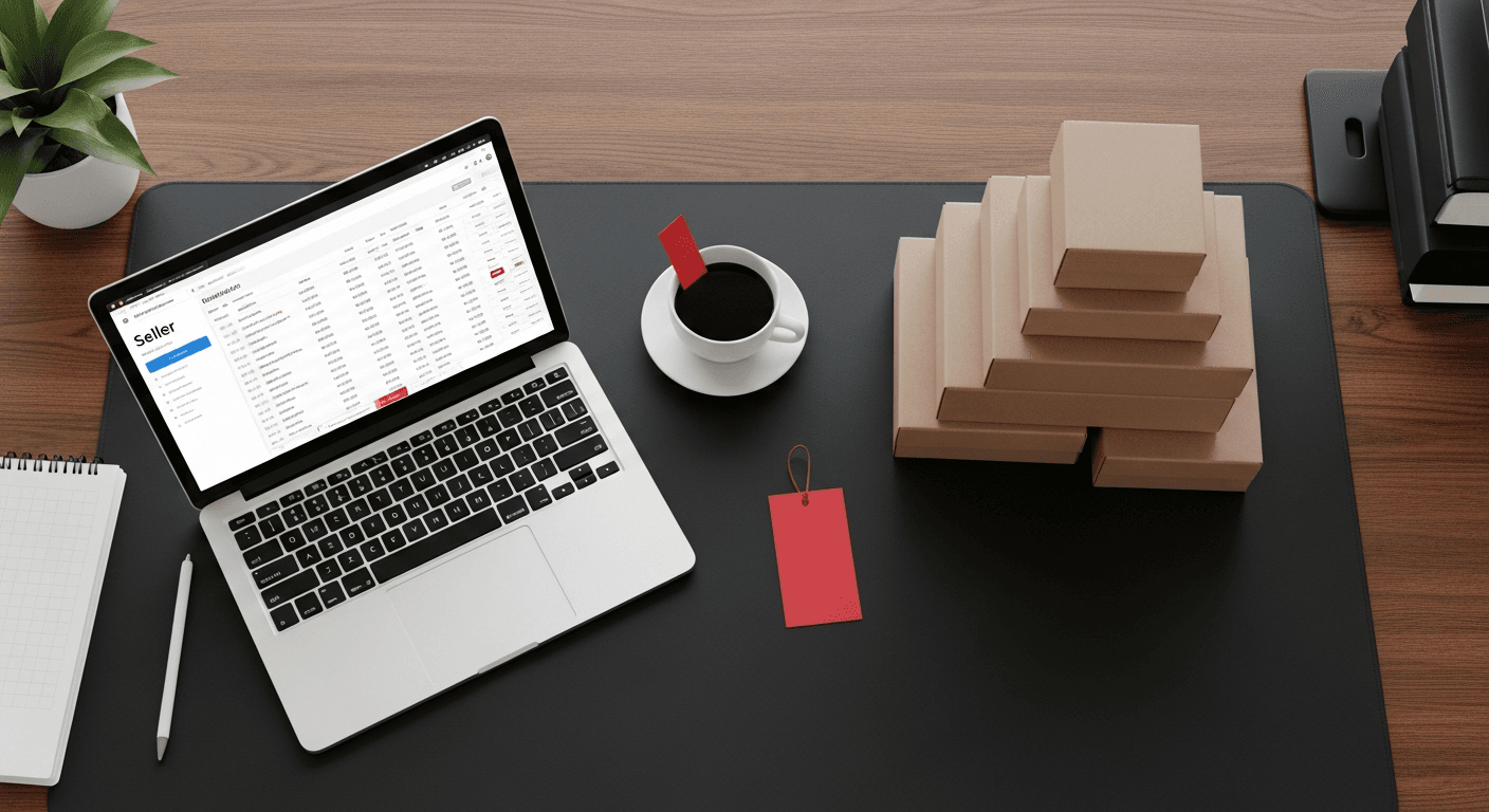Photo-realistic overhead shot of a marketplace operator's desk with product boxes, a laptop showing a seller dashboard, a coffee cup, minimalist black desk, one red accent detail, editorial business photography, 35mm