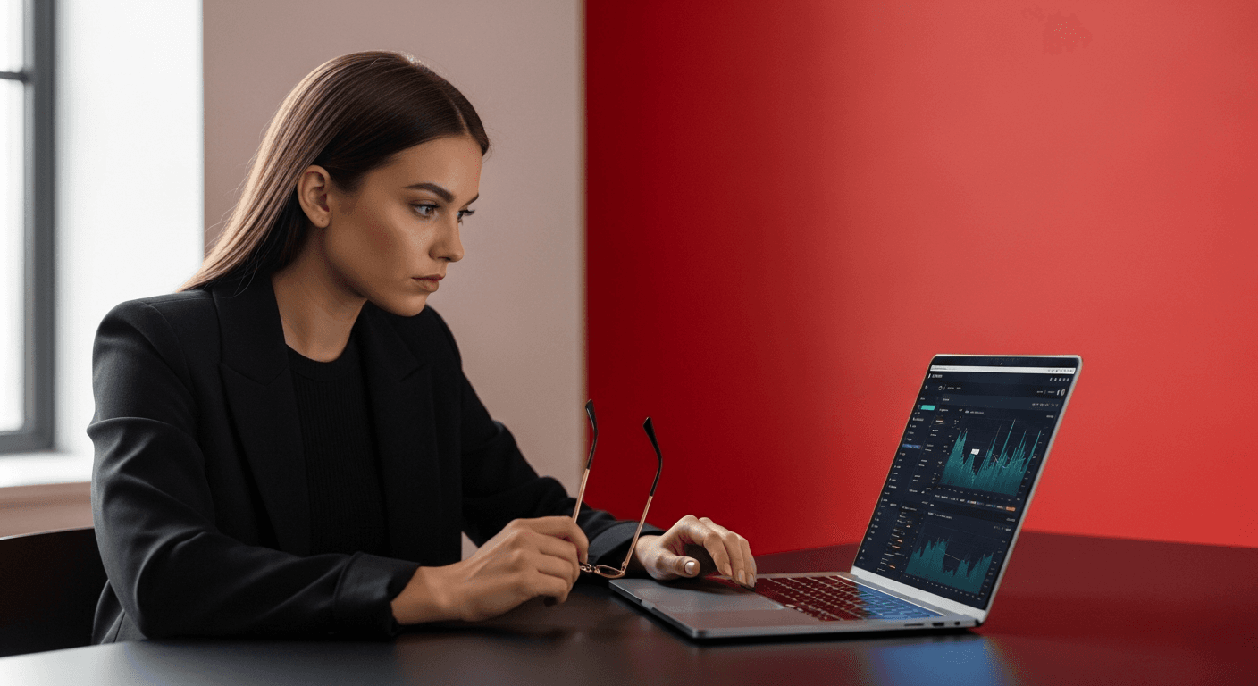 Photo-realistic editorial portrait of a focused female SaaS founder in her late 20s at a sleek black desk with a laptop displaying a dark analytics dashboard, one bold red accent wall behind her, soft window light, 35mm corporate photography, shallow depth of field
