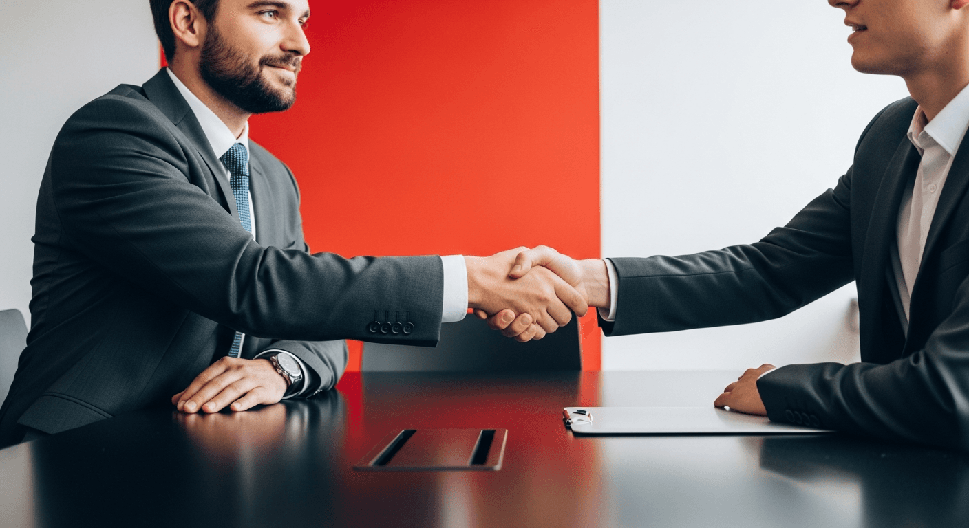 Photo-realistic editorial portrait of a consultant in a charcoal suit shaking hands across a black conference table, one bold red accent wall, soft natural window light, business editorial photography, 35mm