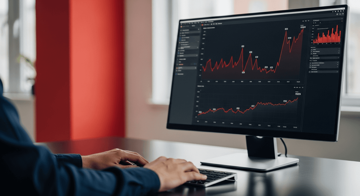 Photo-realistic still life of a modern minimalist workspace: a thin laptop on a sleek black wooden desk showing a dark payment analytics dashboard with red accent metrics, a cup of black coffee, a closed black notebook, soft natural window light from the left, one bold red accent wall in the background, editorial tech photography, 35mm, shallow depth of field