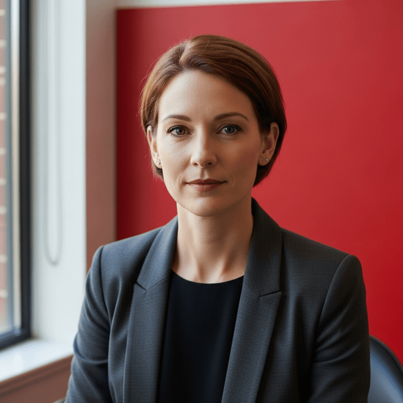 Editorial portrait of Amelia Warren, CEO, mid-30s woman with short auburn hair, wearing a charcoal blazer, sitting in front of a bold red accent wall, soft natural window light, 35mm corporate portrait, photo-realistic, serious yet approachable expression