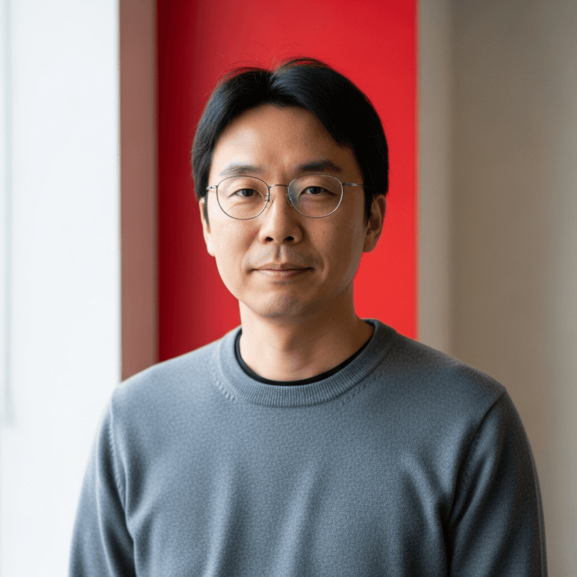 Editorial portrait of Daiki Shimizu, Head of Engineering, early-40s Asian man with glasses and short black hair, wearing a slate grey sweater, red accent wall behind, soft natural window light, 35mm corporate portrait, photo-realistic