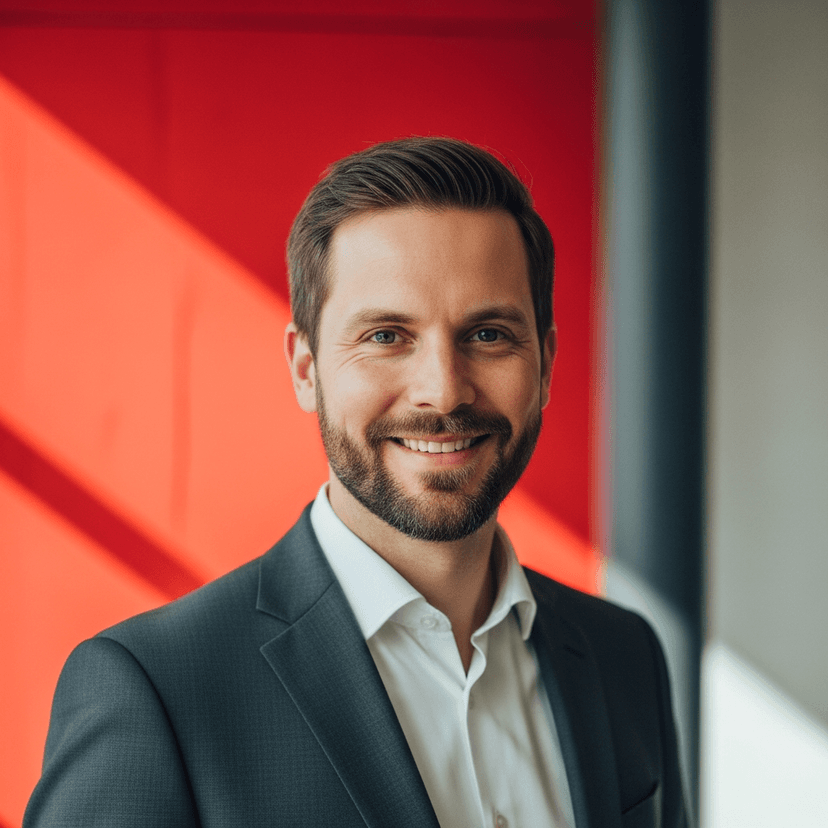 Editorial portrait of Lukas Berger, VP Sales, 40s man with a trimmed beard and short brown hair, wearing a dark grey suit jacket, bold red accent wall behind, soft natural window light, 35mm corporate portrait, photo-realistic