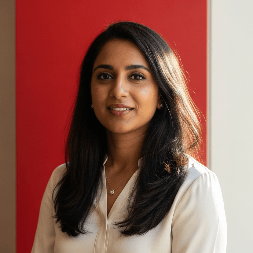 Editorial portrait of Priya Venkatesh, Head of Risk, 30s South Asian woman with long dark hair, wearing a cream silk blouse, bold red accent wall behind, soft natural window light, 35mm corporate portrait, photo-realistic
