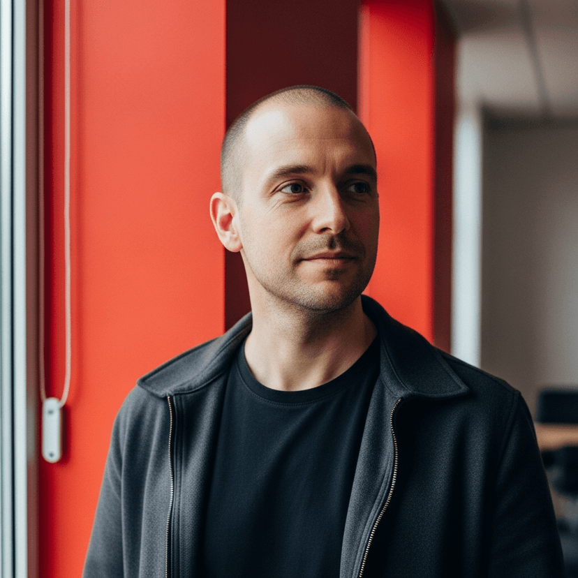 Editorial portrait of Raphael Keita, CTO, mid-30s Black man with close-cropped hair, wearing a black t-shirt under a charcoal jacket, standing in front of a bold red accent wall, soft natural window light, 35mm corporate portrait, photo-realistic