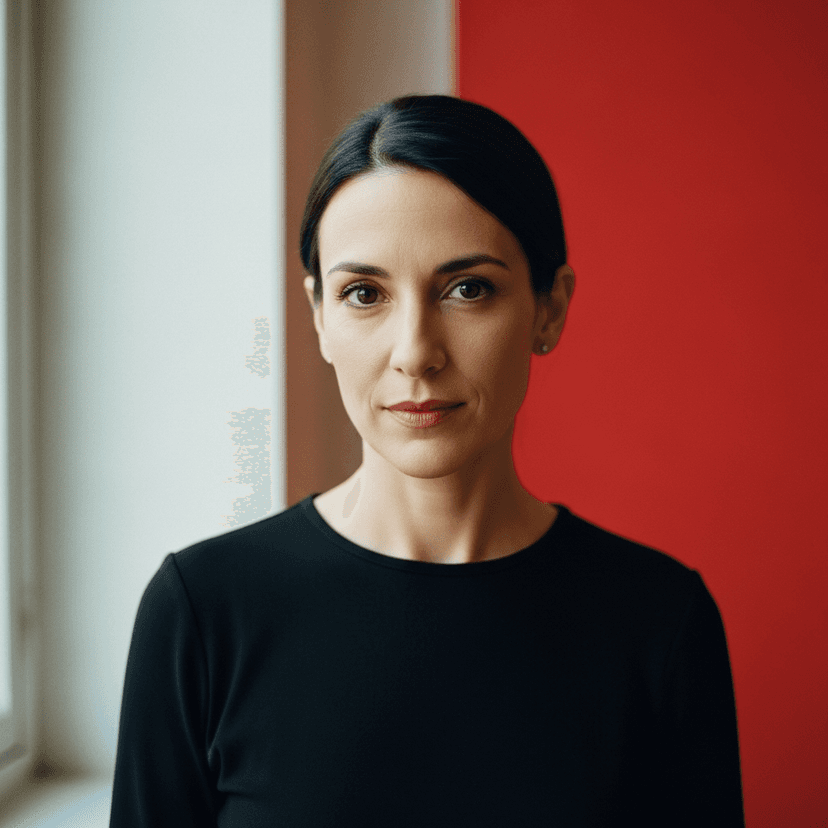 Editorial portrait of Sofia Moretti, COO, 40-something woman with dark shoulder-length hair pulled back, wearing a minimalist black top, red accent wall behind, soft natural window light, 35mm, confident professional portrait, photo-realistic